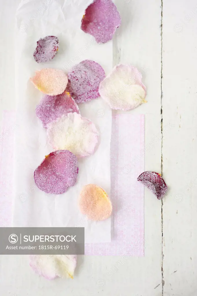 Sugared rose petals on wax paper, close up