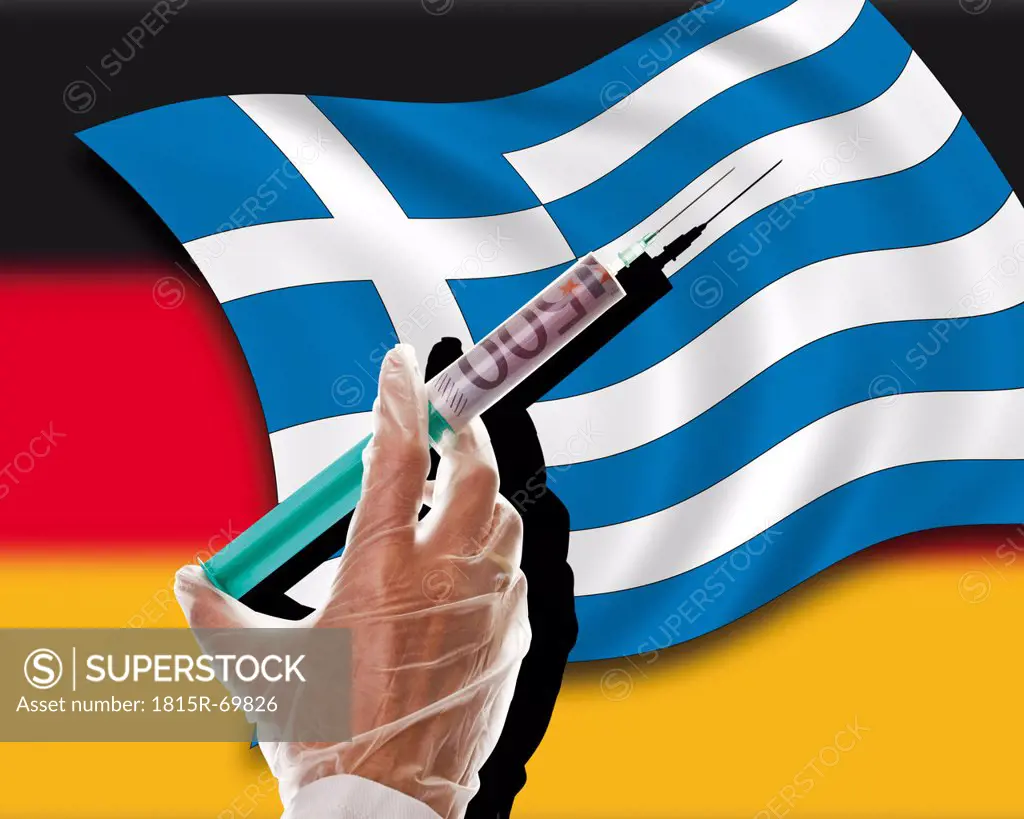 Close up of cash injection on greek flag against german flag