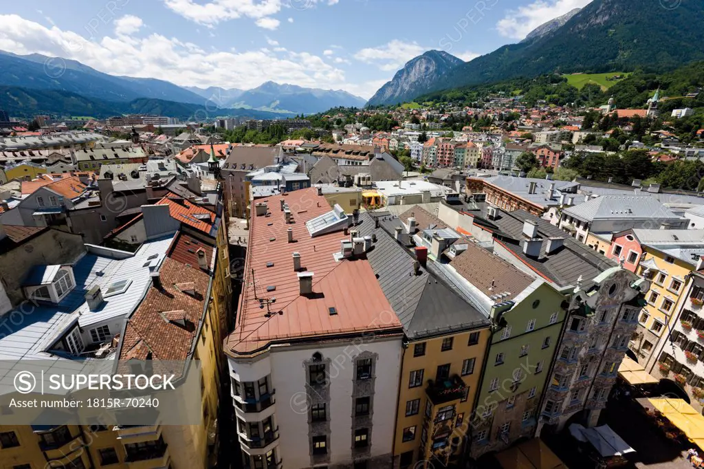 Austria, Tyrol, Innsbruck, View of cityscape with mountains in background