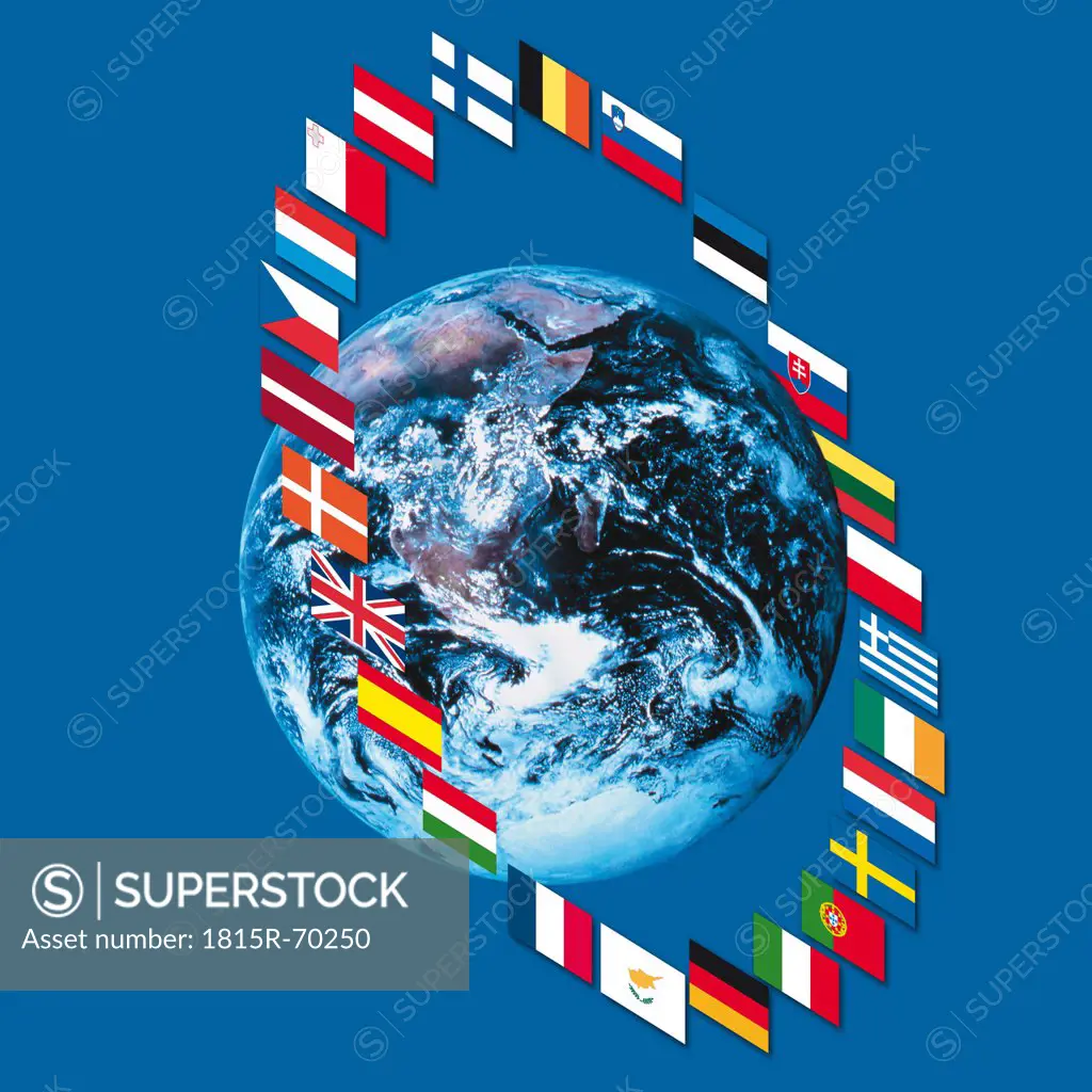 Variety of european flags around earth, close up