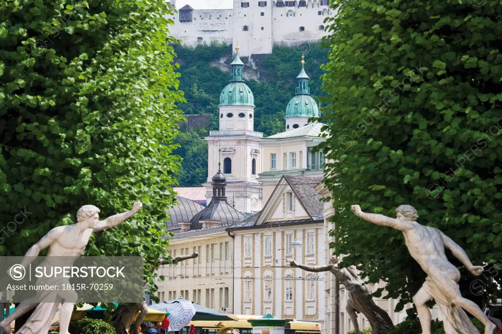 Austria, Salzburg, View of Salzburger Dom Salzburg Cathedral, Hohensalzburg Hohensalzburg Castle and Mirabellgarten Mirabell garden