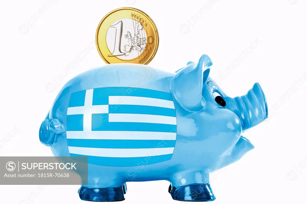 Piggy bank with 1 euro coin and greek flag
