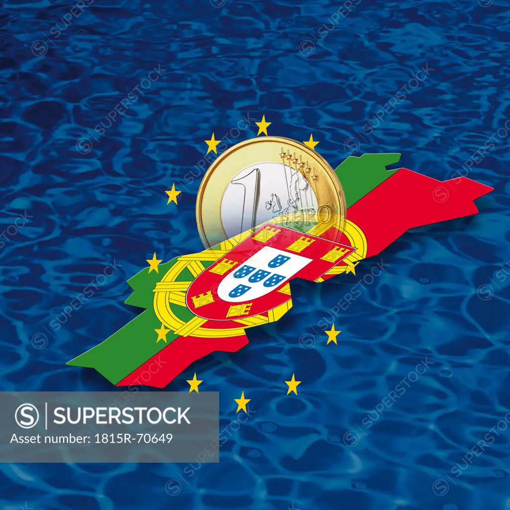 Contour and flag of Portugal with Euro coin and stars