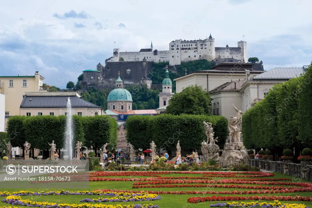 Austria, Salzburg, View of Salzburger Dom Salzburger Dom Salzburg Cathedral, Festung Hohensalzburg Hohensalzburg Castle and Mirabellgarten Mirabell ga...