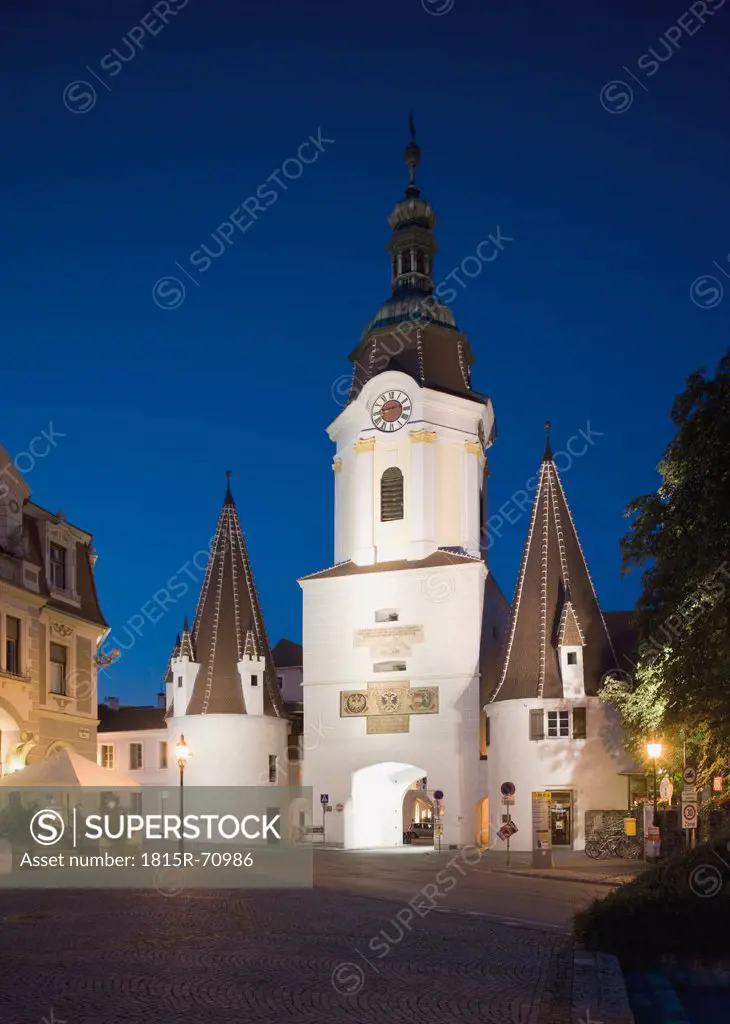 Austria, Wachau, Krems, city gate at night