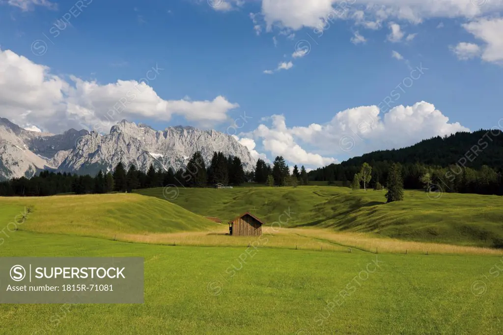 Germany, Bavaria, View of hump_meadows with karwendel mountains in background