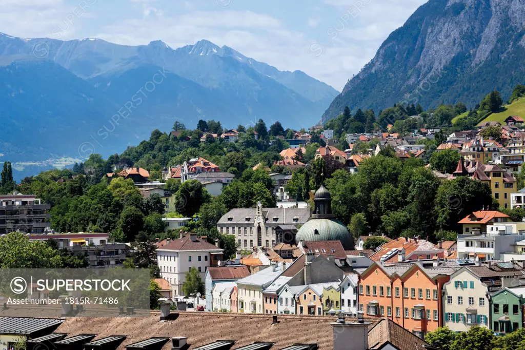 Austria, Tyrol, Innsbruck, View of city with mountains in background