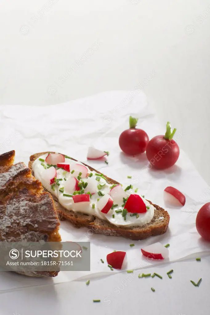 Curd cheese on rye bread with radish slice and garnished.