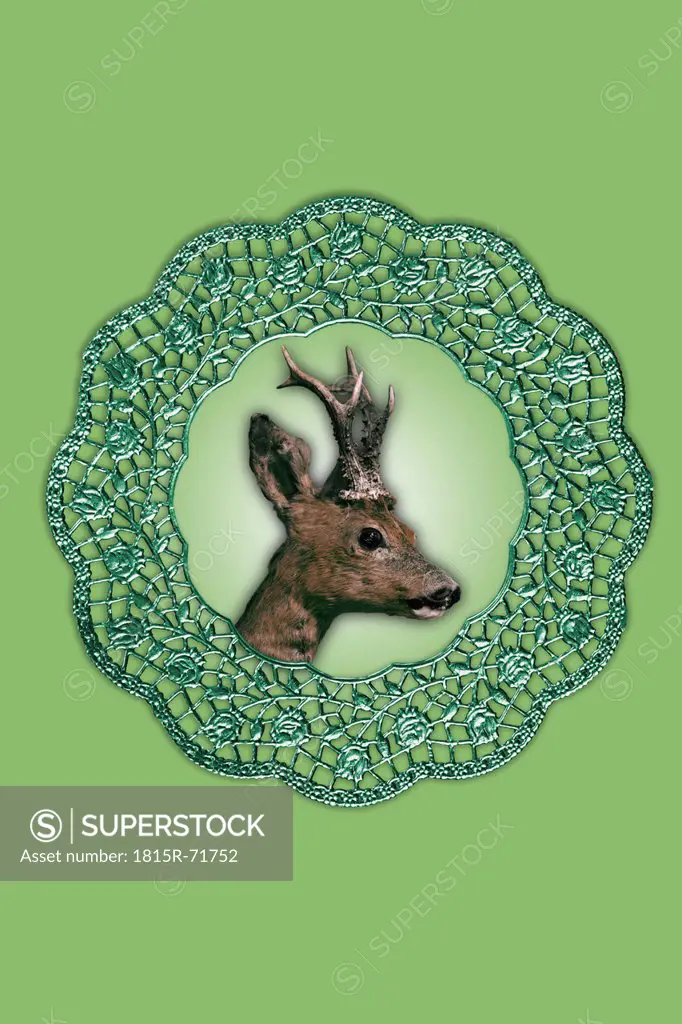 Deer collage artwork in picture frame against green background