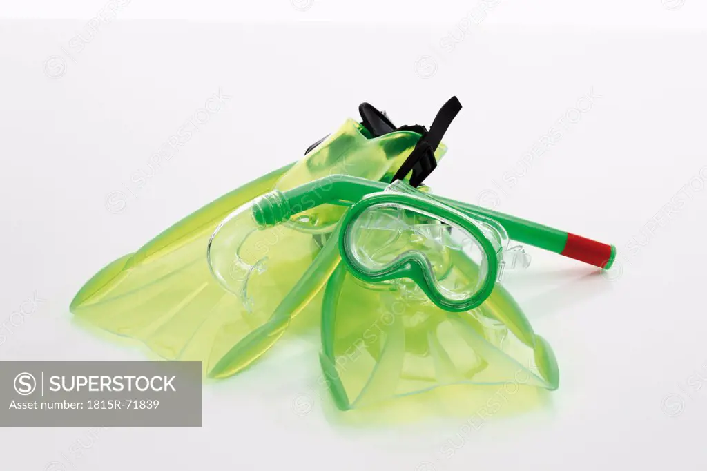 Diving fins with diving mask, snorkel on white background