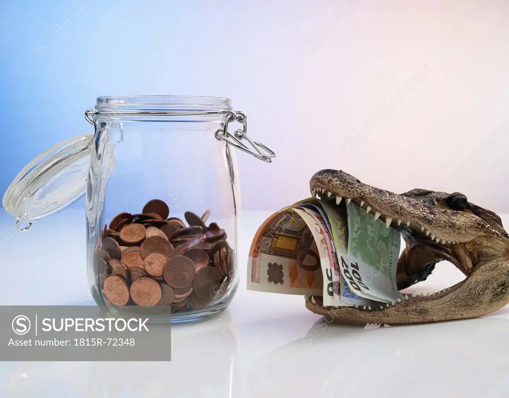 Glass jar with coins and alligator skull with euro notes