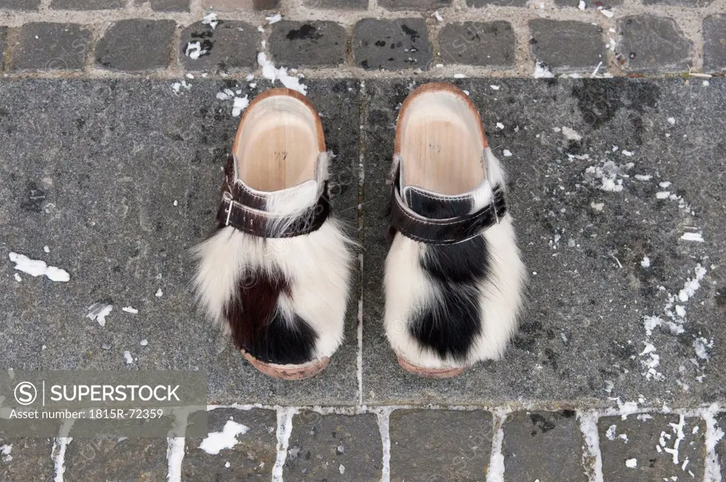 Pair of wooden shoes with cowskin on pavement.