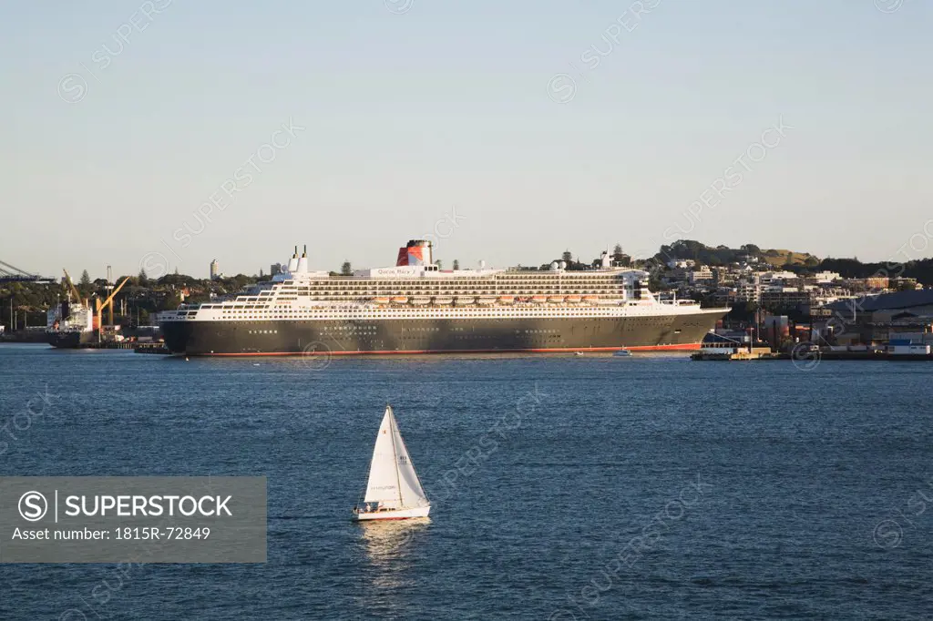 New Zealand, Auckland, North Island, View of Queen Mary 2 at Harbour Terminal