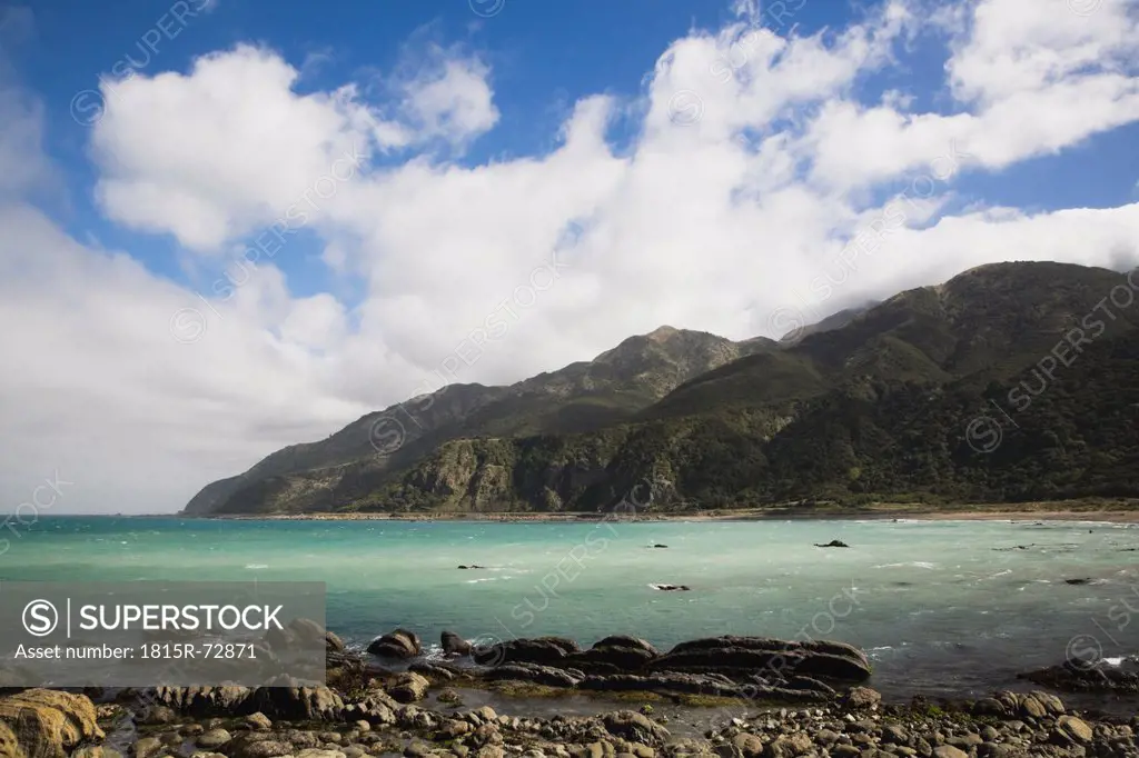 New Zealand, South Island, Kaikoura, Canterburg, View of south pacific Ocean with mountain