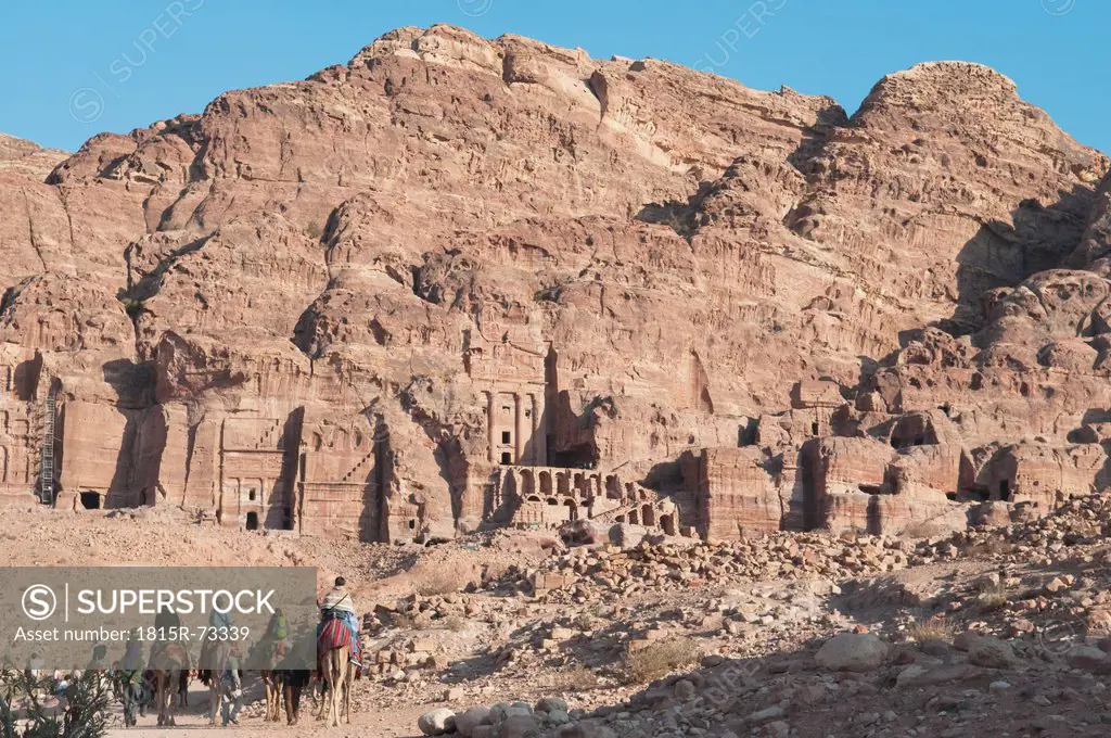 Jordan, Petra, View of tourists at temple