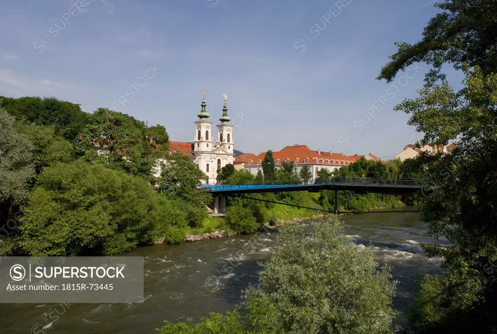 Austria, Styria, Graz, Mariahilf, View of bridge with pilgrimage church in background
