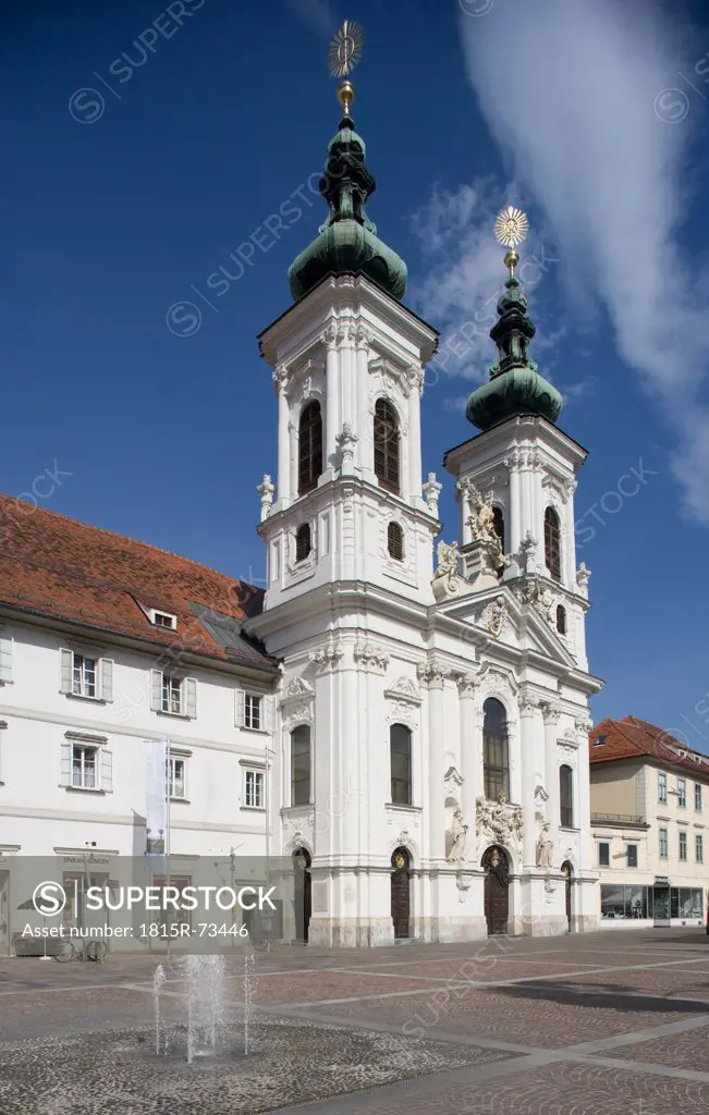 Austria, Styria, Graz, Mariahilf, View of pilgrimage church with fountain