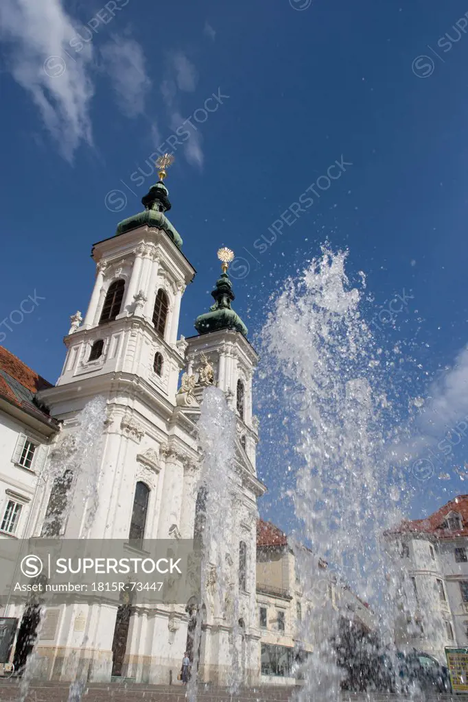 Austria, Styria, Graz, Mariahilf, View of pilgrimage church with fountain