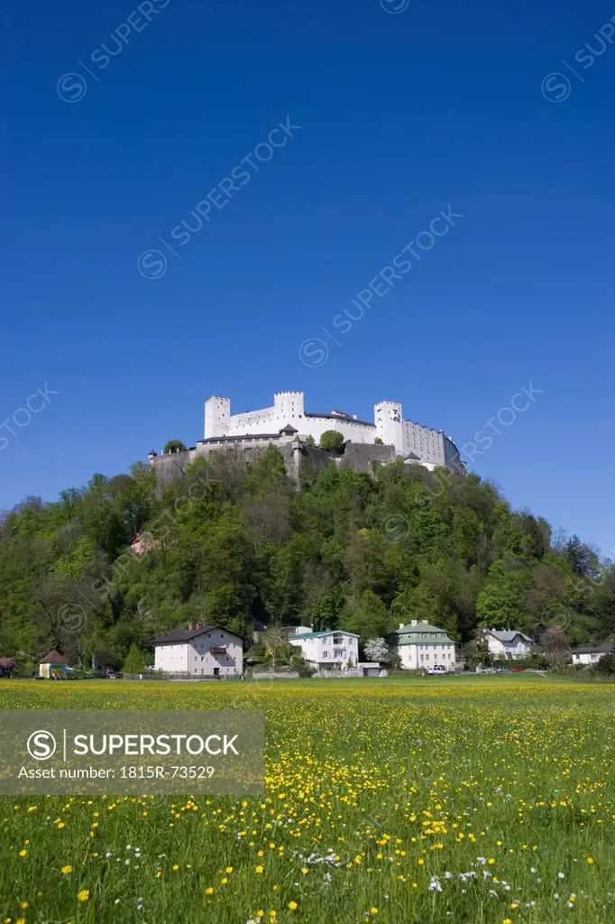 Austria, Salzburg, Festung Hohensalzburg, View of Hohensalzburg castle against blue sky