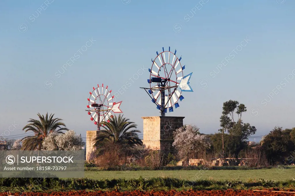 Spain, Balearic Islands, Majorca, Campos, View of windmills