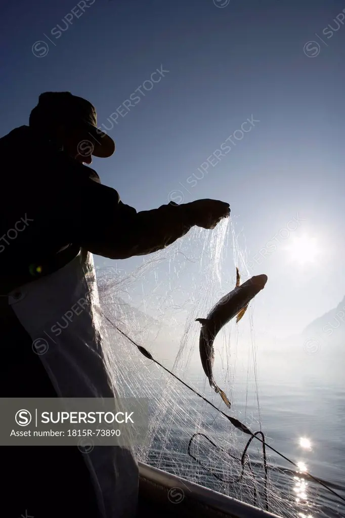 Austria, Mondsee, Fisherman caught a fish in fishing net