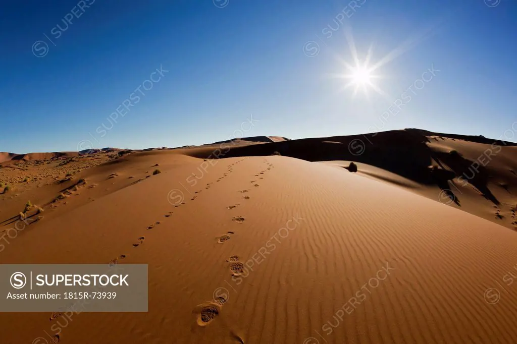 Africa, Namibia, Namib Naukluft National Park, Footprints on sand dunes at the naravlei in the namib desert