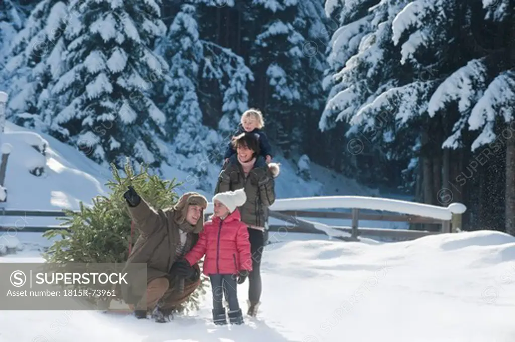 Austria, Salzburg Country, Flachau, View of family with christmas tree and sledge in snow