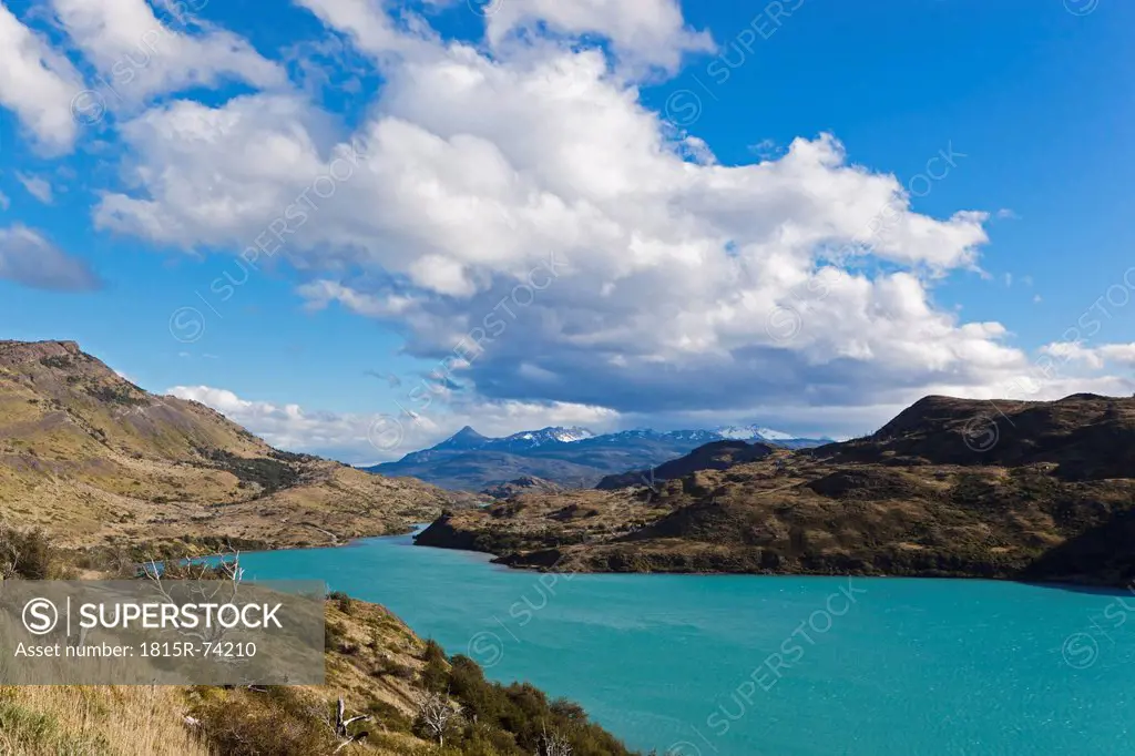 South America, Chile, Patagonia, View of cuernos del paine with river rio paine