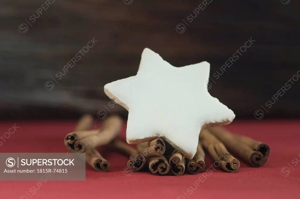 Star shaped cinnamon cookie with cinnamon sticks