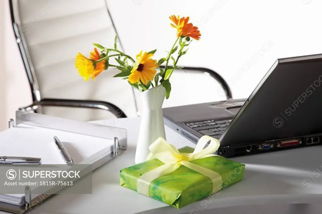 Office scene with flower vase, gift parcel and laptop on desktop