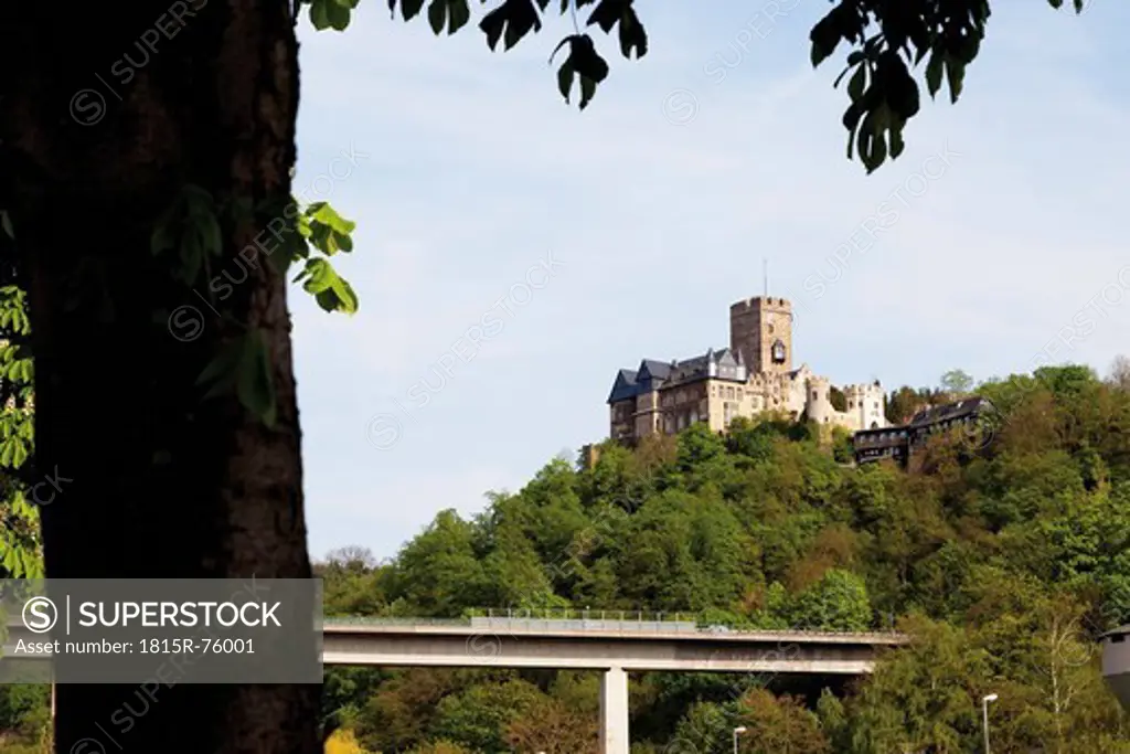 Europe, Germany, Rhineland_Palatinate, View ofmotorway bridge and lahneck castle