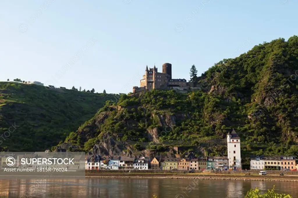 Europe, Germany, Rhineland_Palatinate, View of burg katz castle on the Rhine near st.goarshausen village