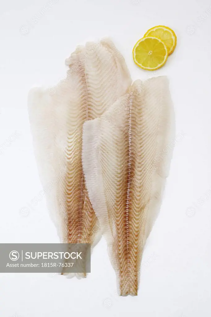 Slices of fresh halibut fish filet with lime, close up
