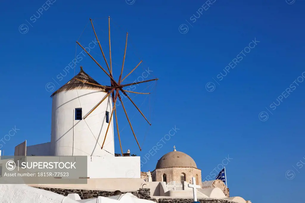 Greece, Cyclades, Thira, Santorini, Oia, View of windmill