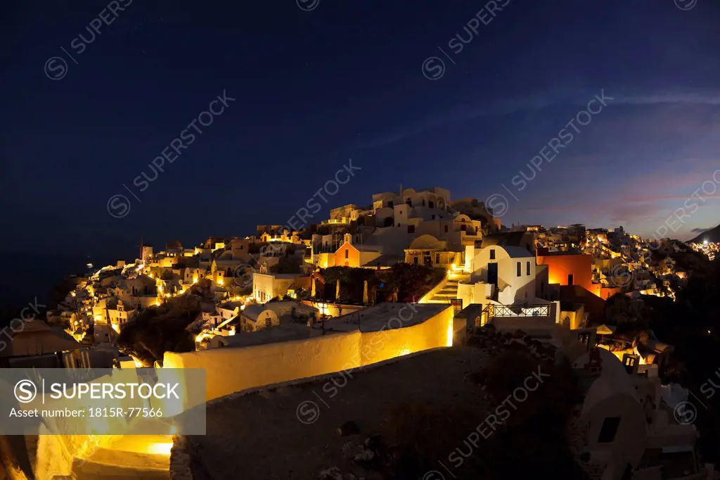 Europe, Greece, Thira, Cyclades, Santorini, Oia, View of village at dawn