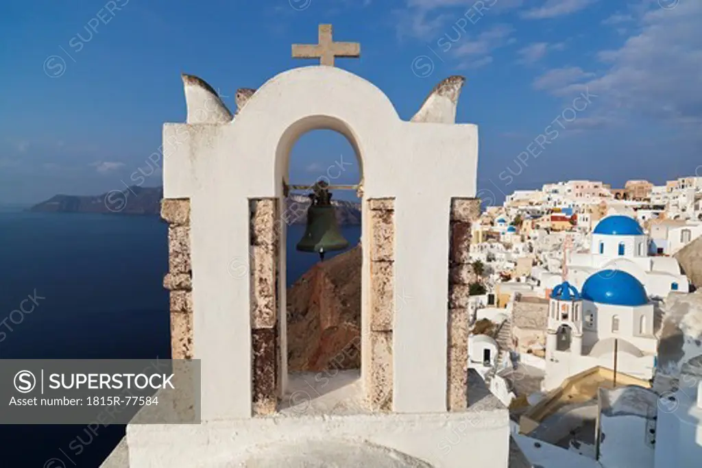 Europe, Greece, Aegean Sea, Cyclades, Thira, Santorini, Oia, View of bell tower in front of the Caldera