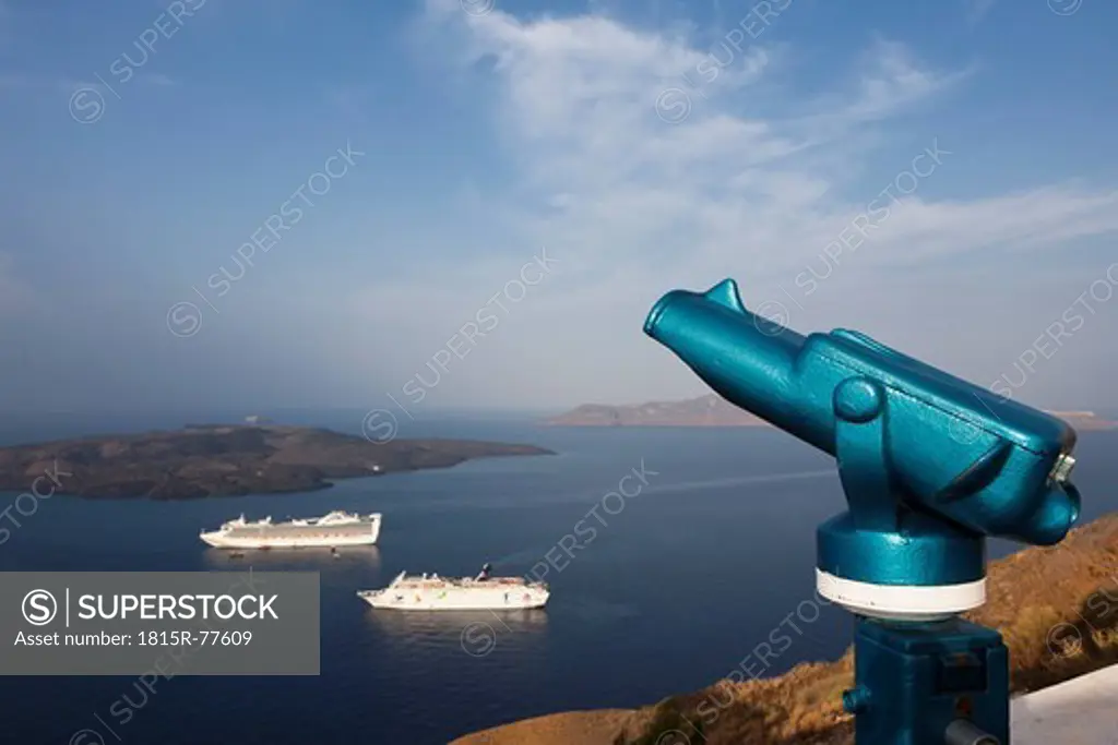 Europe, Greece, Thira, Cyclades, Santorini, View of volcanic island of Nea Kameni and cruise in sea