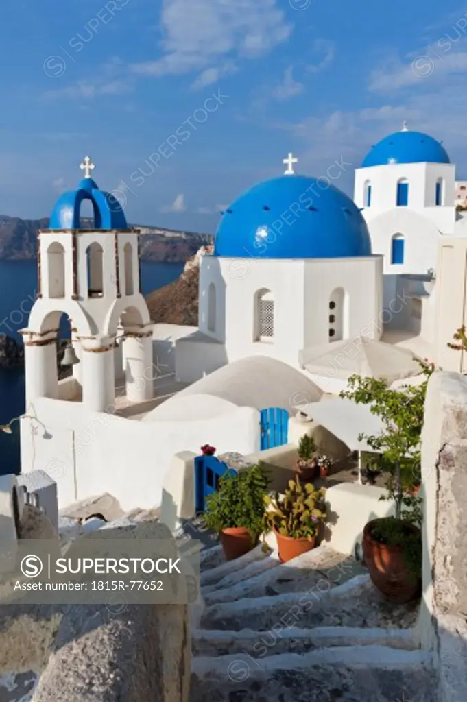 Europe, Greece, Aegean Sea, Cyclades, Thira, Santorini, Oia, View of blue dome and church