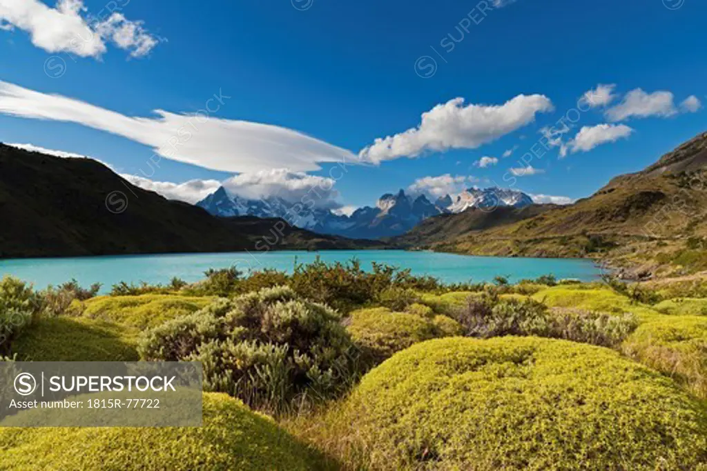 South America, Chile, Patagonia, View of cuernos del paine with river rio paine