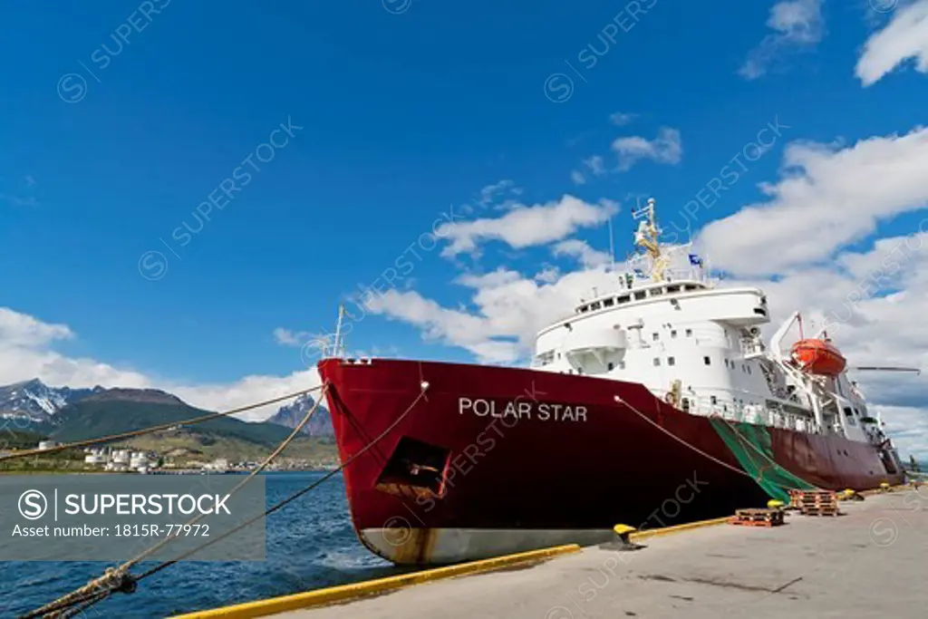 South America, Argentina, Tierra del Fuego, Harbour of Ushuaia, Polar Star icebreaker cruise ship moored at harbour