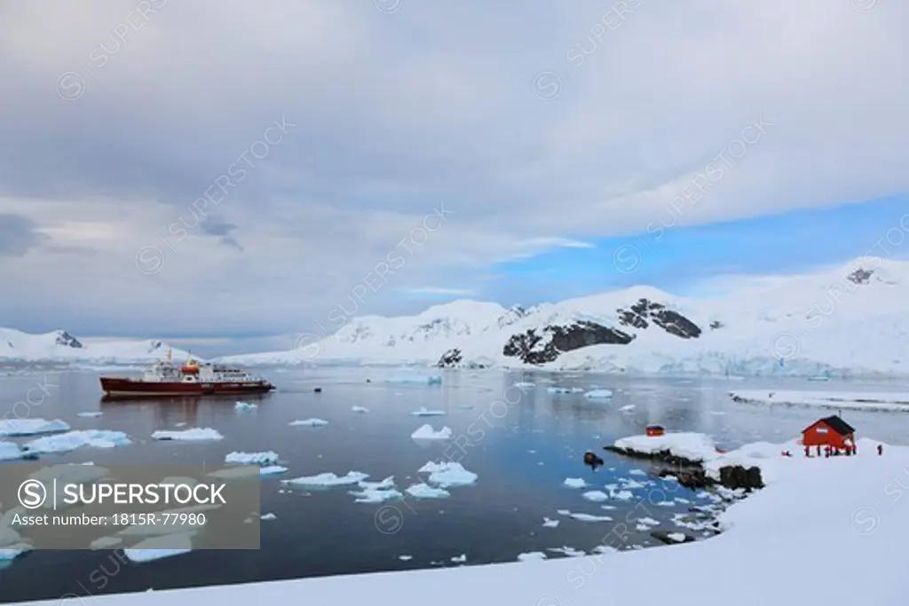 South Atlantic Ocean, Antarctica, Antarctic Peninsula, Gerlache Strait, Paradise Bay, Argentine Antarctic base, Almirante Brown Antarctic Base, Polar Star icebreaker cruise ship on sea