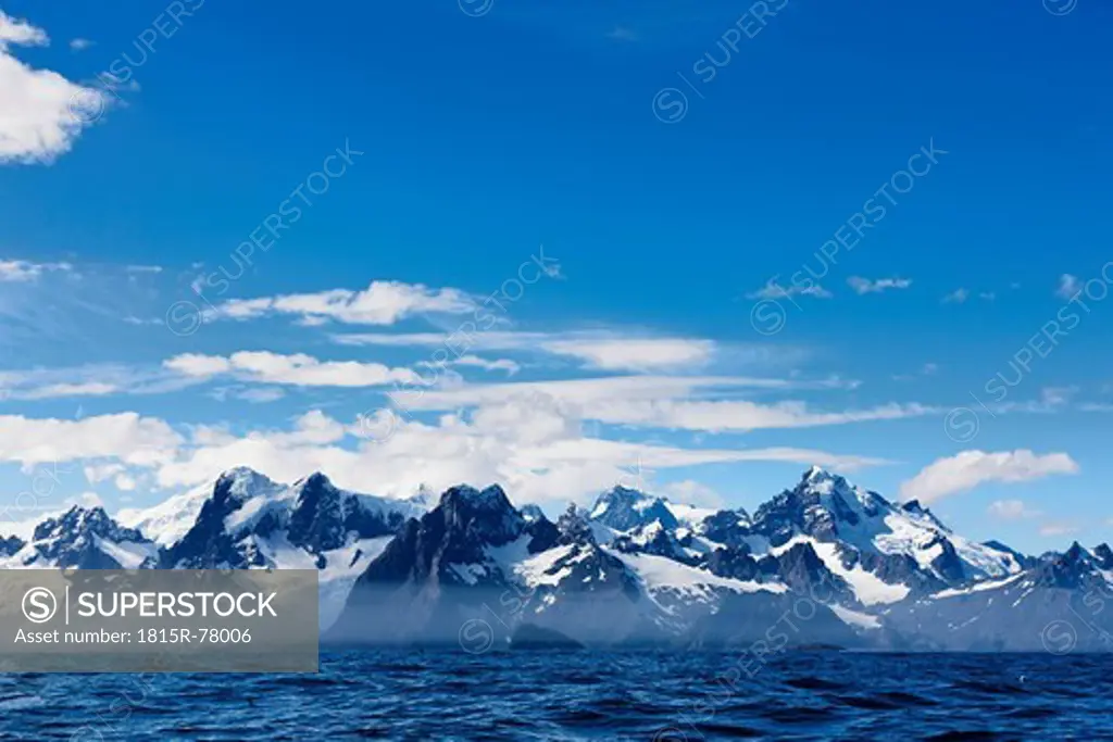 South Atlantic Ocean, United Kingdom, British Overseas Territories, South Georgia, View of mountains with ocean