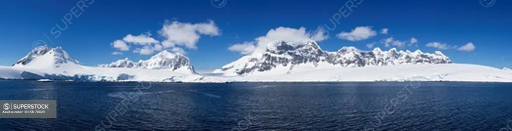 South Atlantic Ocean, Antarctica, Antarctic Peninsula, Gerlache Strait, Port Lockroy, View of sea with snowcapped in background