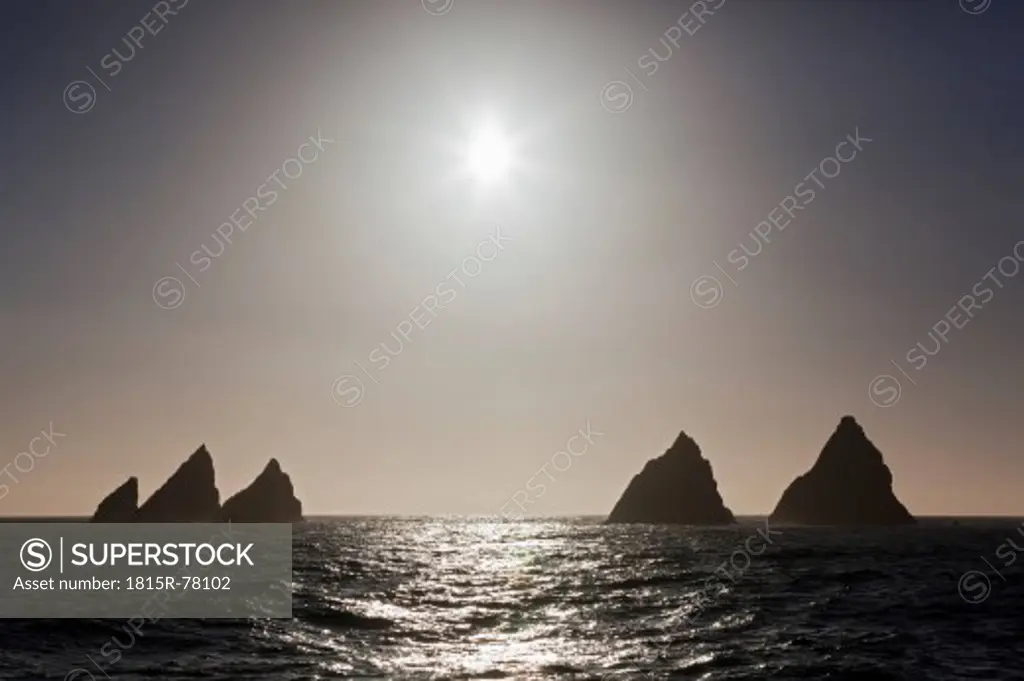 South Atlantic Ocean, United Kingdom, British Overseas Territories, South Georgia and the South Sandwich Islands, View of shag rocks at sunset
