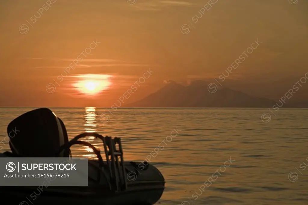 Asia, Indonesia, Lombok, Komodo, Nautical vessel in the sea at sunset