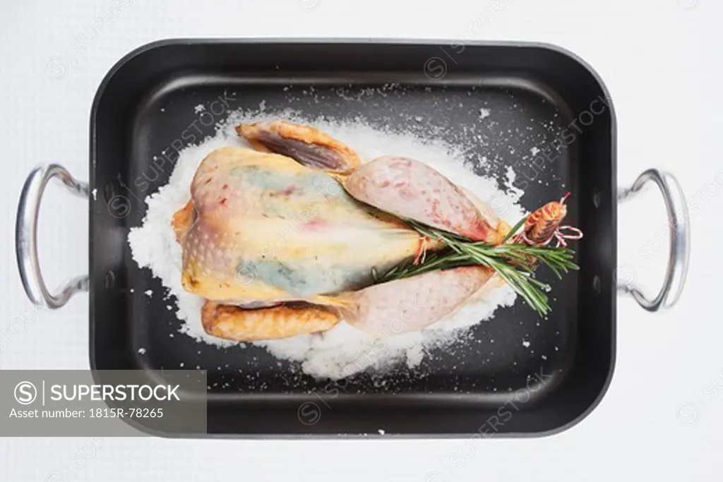 Stuffed guinea fowl with salt crust in baking tray, close up
