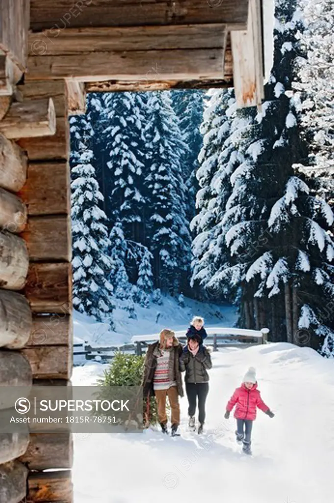 Austria, Salzburg Country, Flachau, View of family carrying christmas tree and sledge in snow