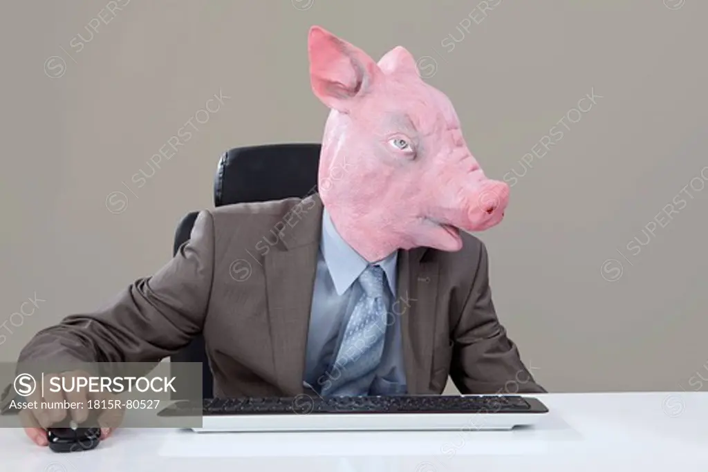 Close up of businessman with pigs head using computer in office against grey background