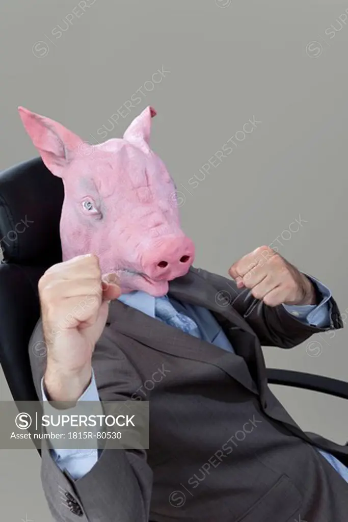 Close up of businessman with pigs head fighting in office against grey background