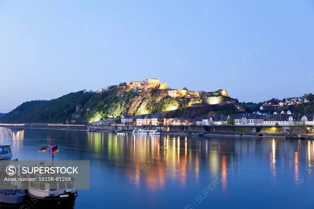 Koblenz, View of fortress Ehrenbreitstein in evening light with river rhine